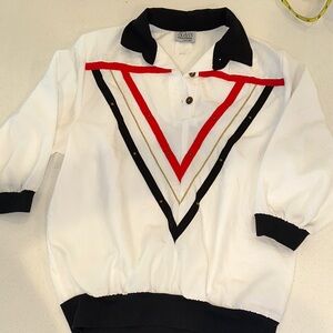 Vintage White and Black Women's Top with Red Accents